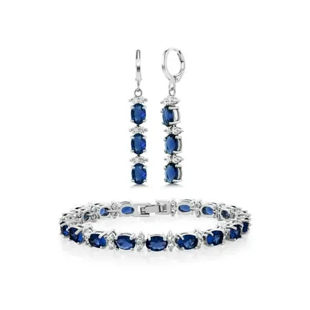 Gem Stone King 7 inches Blue and White CZ Bracelet Set With Matching 2 inches Oval Dangle Earrings