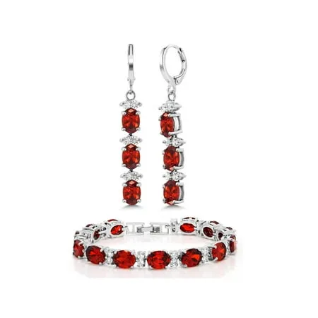 Gem Stone King 7 inch Red and White CZ Bracelet Set With Matching 2 inch Oval shape Dangle Earrings