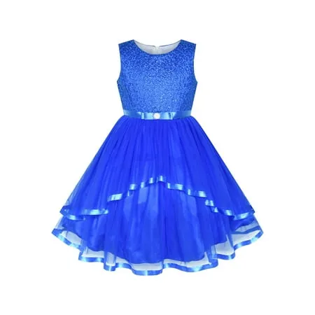 Flower Girls Dress Cobalt Blue Belted Wedding Party Bridesmaid 8 Years