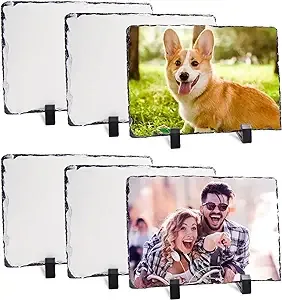 6 Pack Sublimation Slate Blanks Custom Stone Slate Picture Frame Heat Transfer Rock Photo Plaque 5.7x7.7 inch with Display Stand Decoration for