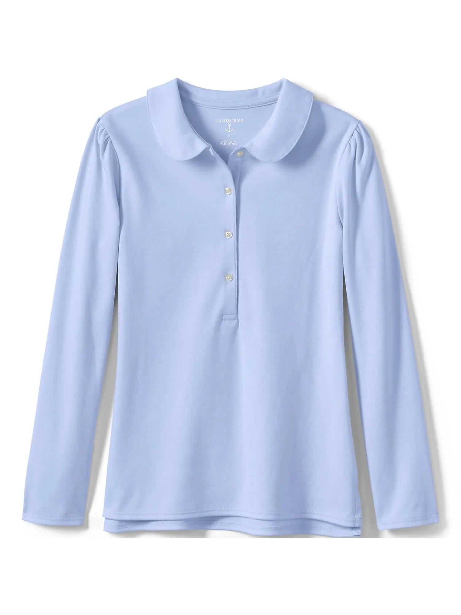 Lands' End School Uniform Girls Long Sleeve Peter Pan Collar Polo Shirt - Large - Blue