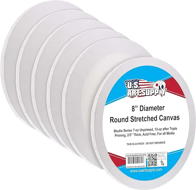 8 Inch Diameter Round 12 Ounce Primed Gesso Acid-Free Stretched Canvas 6-Pack