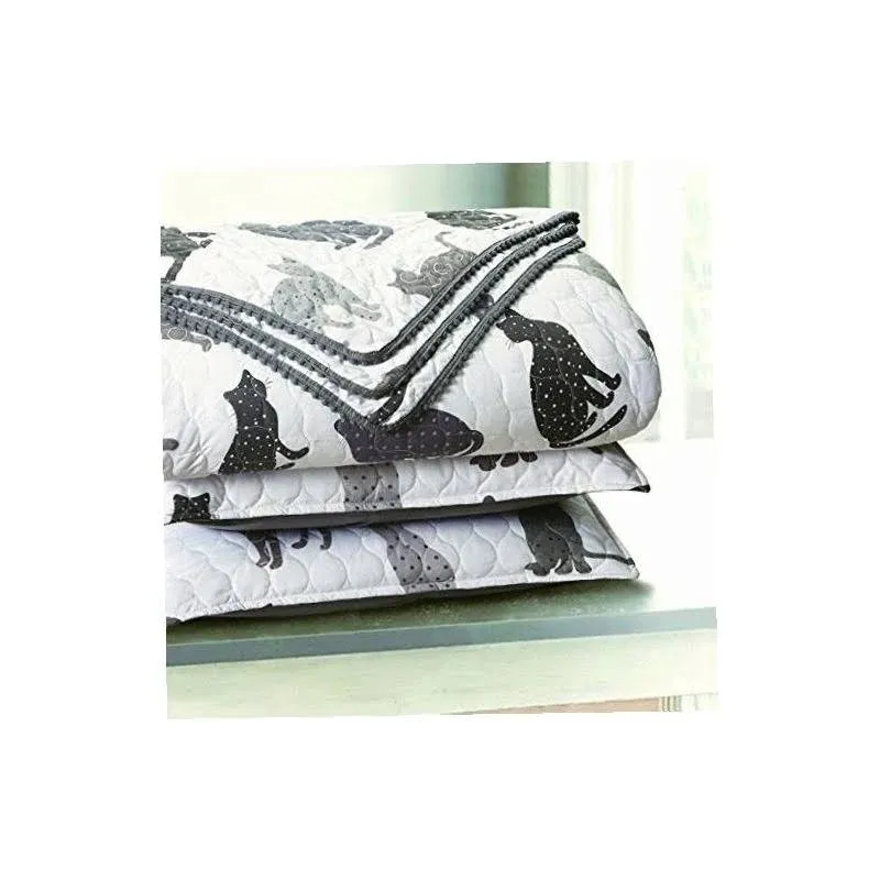 NEW! Sleeping Partners KITTY CAT Quilt Set 3 Piece Set Full Queen Size Gray Pom 