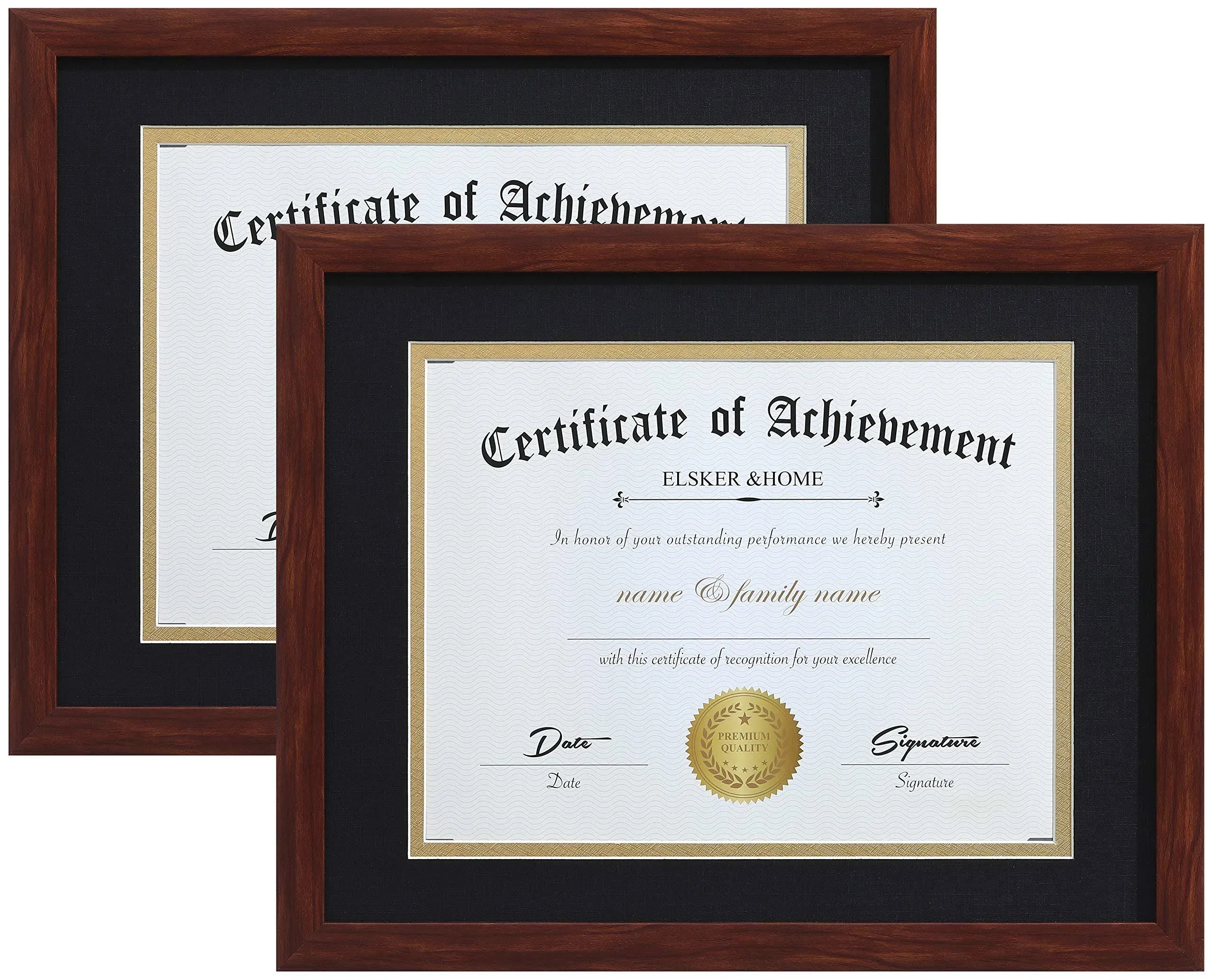 ELSKER&HOME 8.5x11 Certificate Frame - Classic Coffee Color Frame - Displays Diploma 8.5x11 Inch with Mat - 11x14 Inch Without Mat - For Document/Photo (2 Pack, Matte Black with Gold Rim)