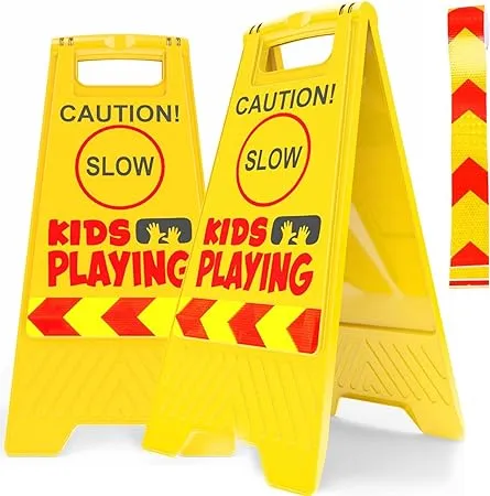 2 Pack Kid Playing Caution Sign - Children Safety Slow Road Yard Sign - Double Sided Sign Bundled with Reflective Tape