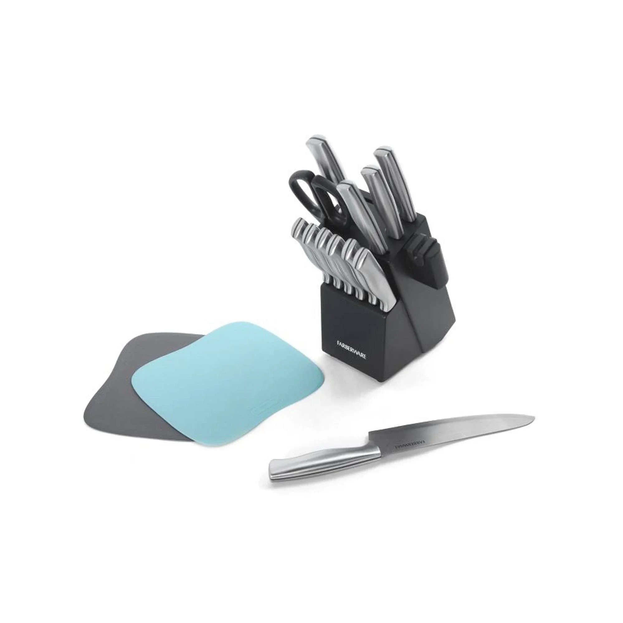 Farberware Stainless Steel Knife Block Set with Built-In Sharpener and Cutting Mats, 15-Piece Value Set, High-Carbon Stainless Steel Kitchen Knives, Razor-Sharp Knife Set with Boards, Black