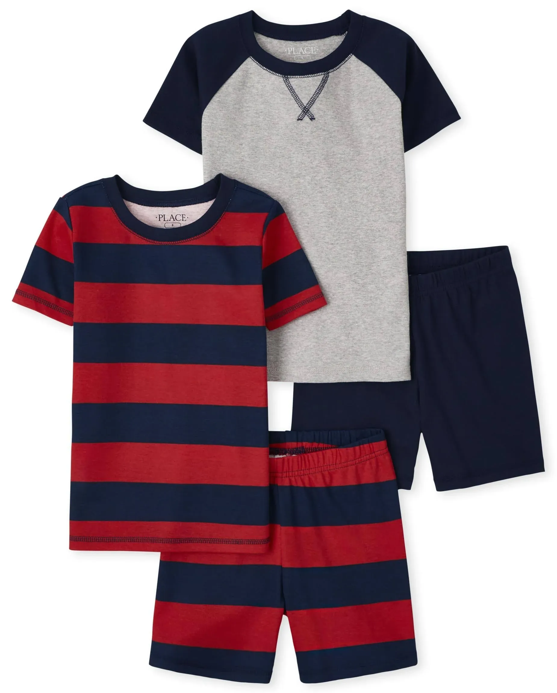 The Children's Place Boys' Kids-PJ Snug Fit 100% Cotton Sleeve Top and Shorts 4 Piece Pajama Set