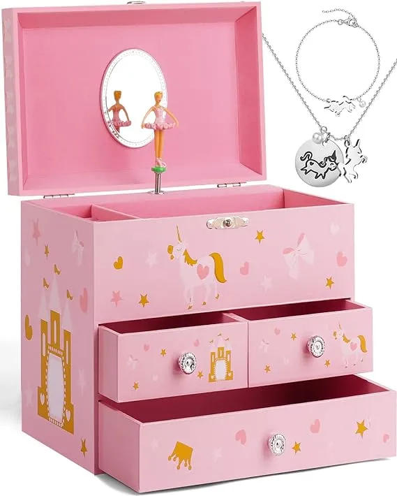 Upgrade Musical Jewelry Box for Girls with 3 Pullout Drawers Spinning Ballerina & Unicorn Jewelry Set, Jewelry Boxes for Kids Girls Birthday Valentine Christmas Gift Waltz of Flowers Tune