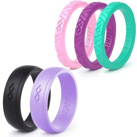 women s silicone wedding ring - 5 Rings Pack -Mix Collection Rinfit Designed Ring. Thin 2.5 / 5.5 mm wide -Thin rubber Wedding Bands for women. Comfortable and durable wedding ring replacement. size 5