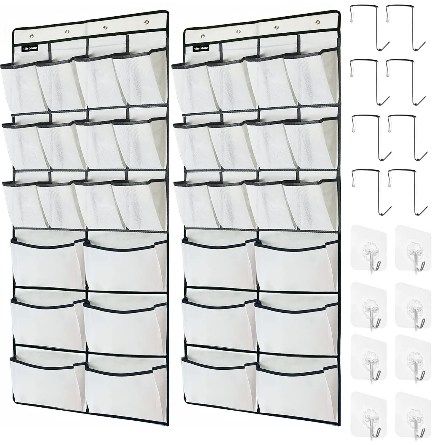  2 Pack Extra Large Hanging Over Door Shoe Organizers, 12 Mesh Pockets + White