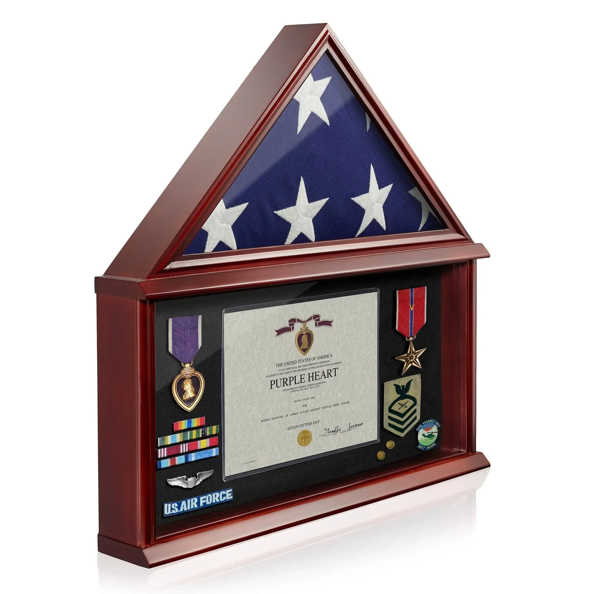 Reminded Large Military Shadow Box Memorial Flag Display Case Fits 5' x 9' Flag, Solid Wood Mahogany Finish