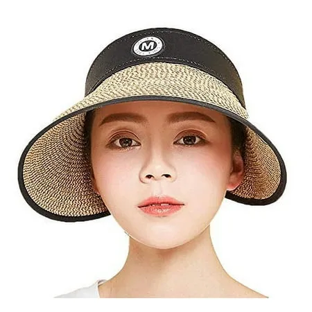 Women’s Summer Foldable Straw Sun Visor w/Cute Bowtie UPF 50+ Packable Wide Brim Roll-Up Visor Beach Hat (E218-1kakhi)