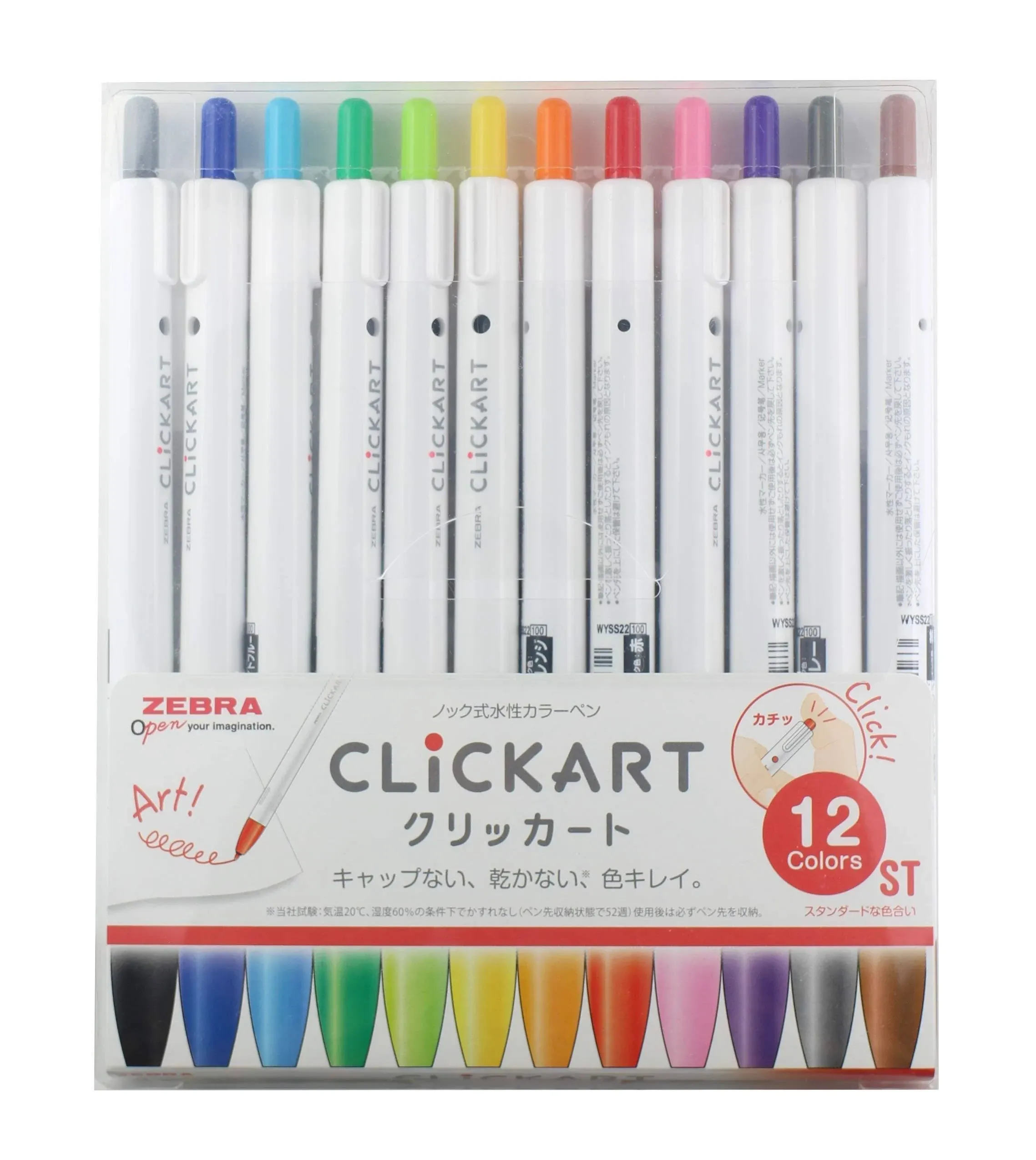 Zebra Clickart Knock Type Water Base Pen, Standard 12 Color Set (WYSS22-12CST)