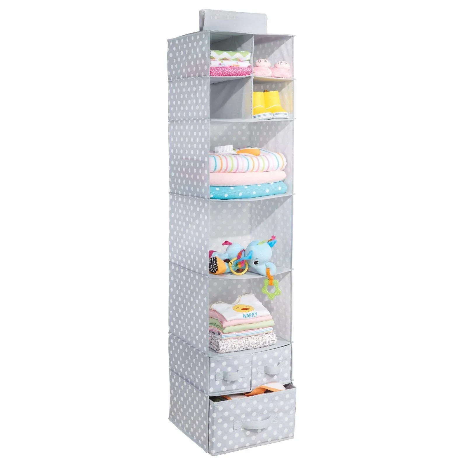 mDesign Fabric Nursery Hanging Organizer - 7 Shelves/3 Drawers - Gray/White Dot