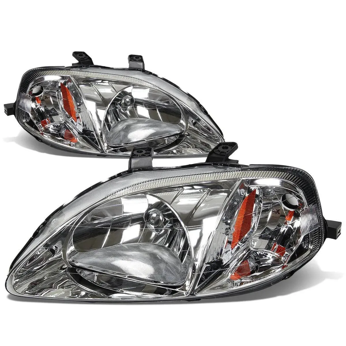 DNA MOTORING Pair Headlight Assembly Compatible With 99-00 Honda Civic, Chrome/Amber, HL-OH-HC99-CH-AM