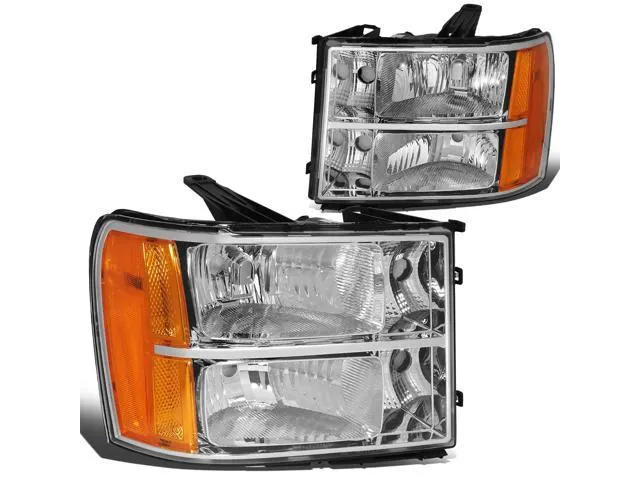 DNA Motoring HL-OH-GMCSIE07-CH-AM For 2007 to 2013 GMC Sierra 1500 2500HD 3500HD GMT 900 Chrome Housing Amber Corner Headlight Headlamp 08 09 10 11 12 Left + Right