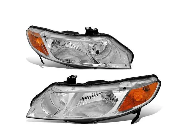 DNA Motoring HL-OH-HC064D-CH-AM For 2006 to 2011 Honda Civic 4-Dr Sedan Pair Chrome Housing Amber Corner Headlight Headlamps 07 08 09 10 Left + Right