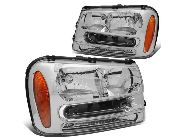 DNA Motoring HL-OH-TRA02-CH-AM For 2002 to 2009 Chevy Trailblazer EXT Headlight Chrome Housing Amber Corner Headlamps 03 04 05 06 07 08 Left + Right