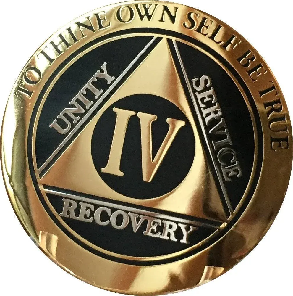 RecoveryChip 4 Year AA Medallion Elegant Black Gold Silver Bi-Plated Alcoholics ...