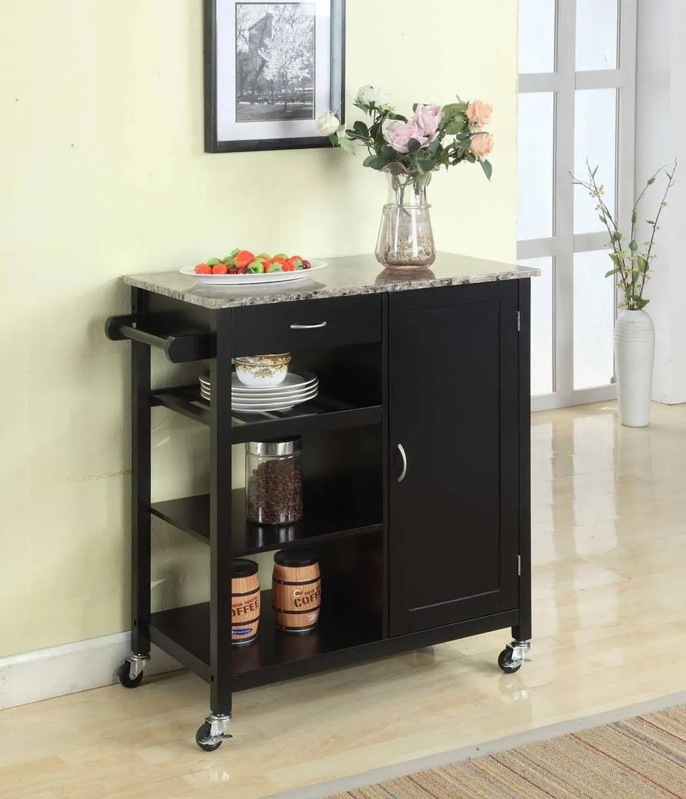 King's Brand Black Finish Wood & Marble Finish Top Kitchen Storage Cabinet Cart