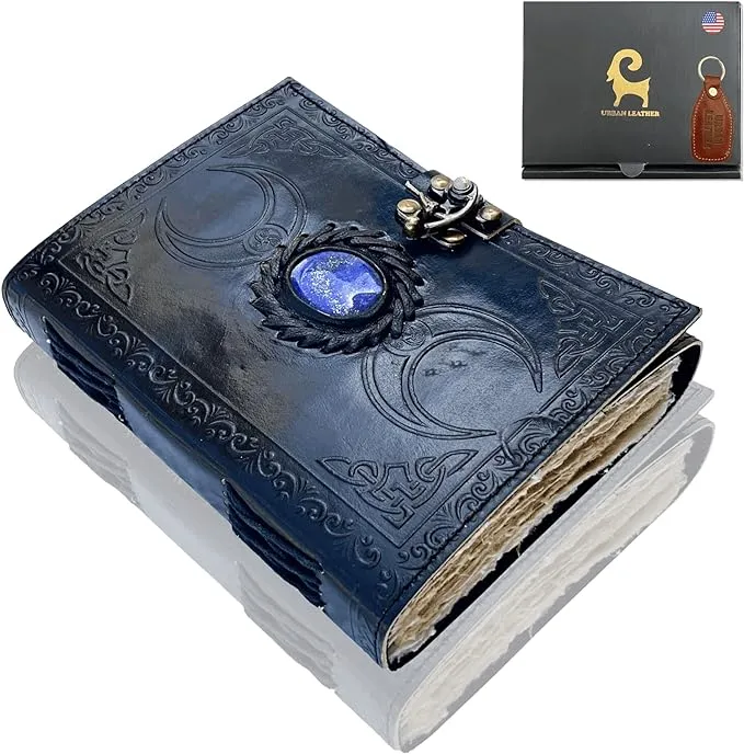 Urban Leather Lapis 3 Celtic Moon Journal for Men Women to Write in, Brown Book of Shadows Witchcraft Wiccan Spellbook Drawing Sketchbook, Thick Deckle edge Pages