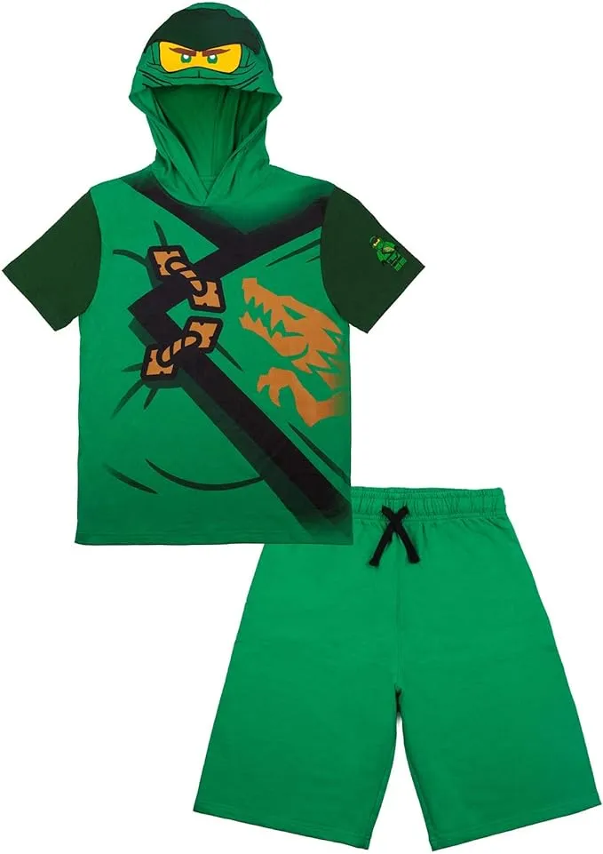 LEGO Ninjago Boys Ninjago Set with Green Shorts and Matching Lloyd cosplay Hooded T-Shirt Sizes 4T-8