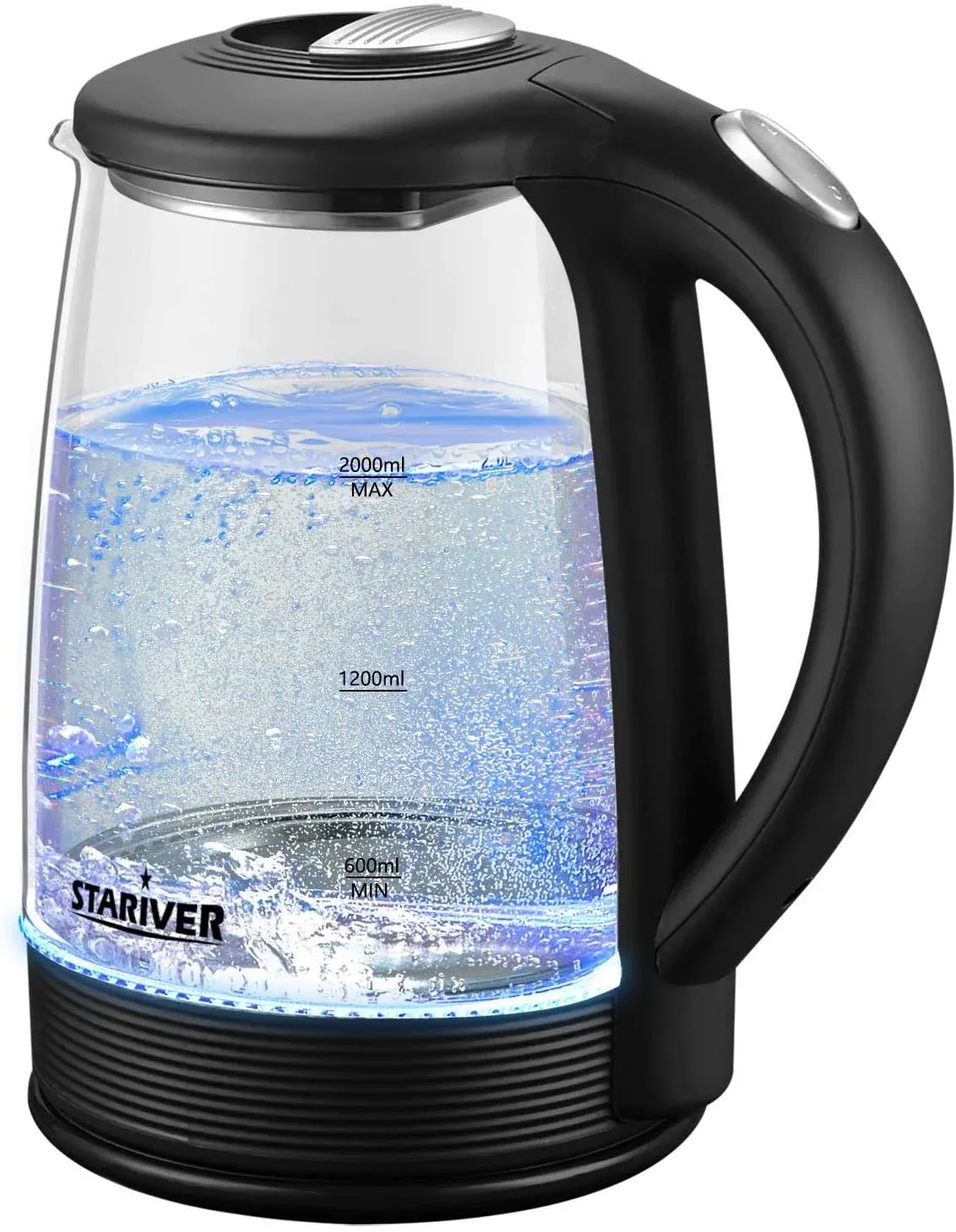 Stariver Electric Kettle, 2L Electric Tea Kettle, BPA-Free Glass Kettle with LED, Hot Water Kettle with Fast Boil, Auto Shut-Off & Boil-Dry Protection, Stainless Steel Inner Lid & Bottom, Black