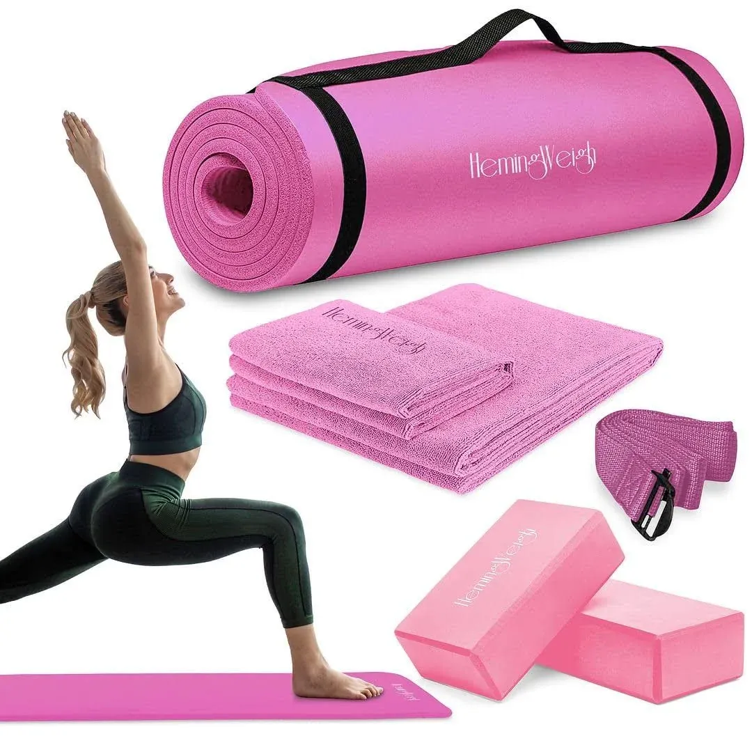 Hemingweigh Pink Yoga Mat Set, Yoga Kit, 1/2 inch Thick Yoga Mat Pink Style with ...