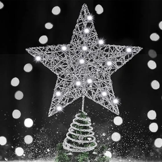 KatchOn, Silver Star Christmas Tree Topper Lighted - 8 Inch | Silver Christmas Star Tree Topper, Christmas Tree Star Topper for Tree Toppers Christmas Decorations | Star for Christmas Tree Decorations