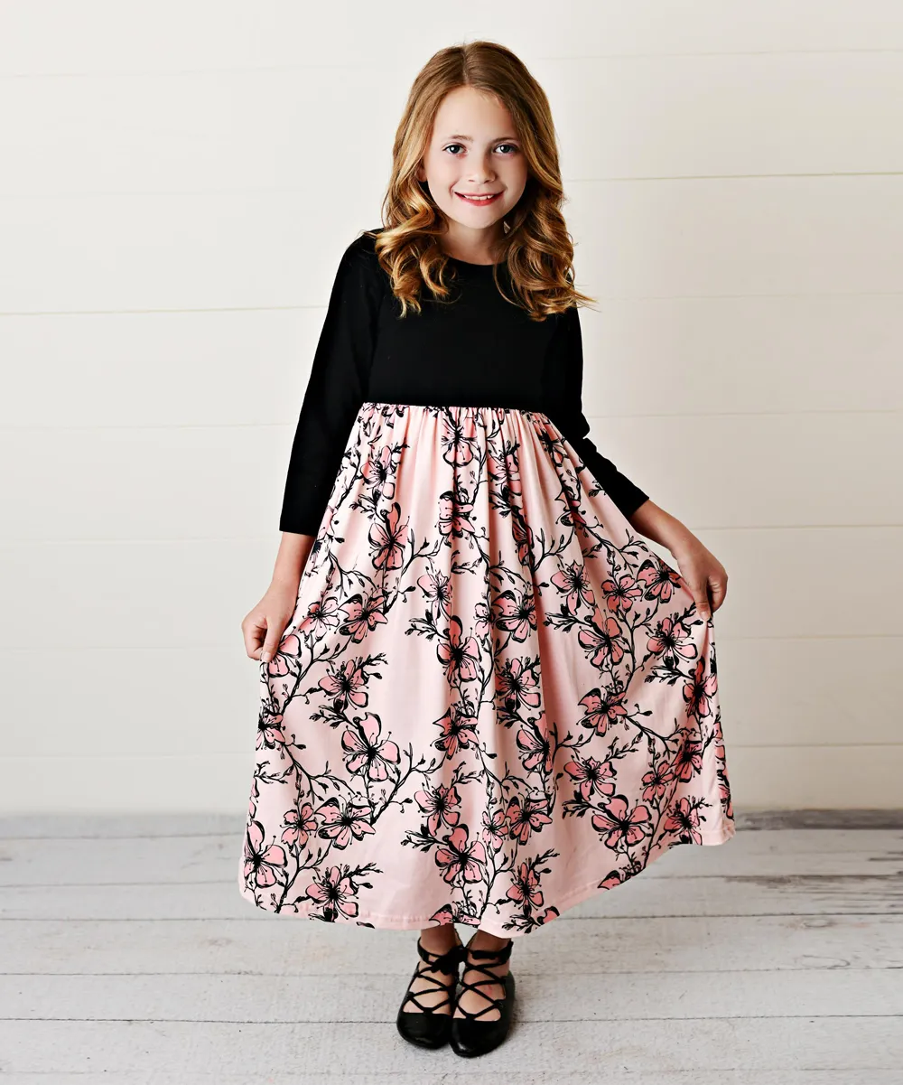 Adorable Sweetness Girls' Maxi Dresses Black/Pink - Black & Pink Floral Long-Sleeve Maxi Dress - Girls