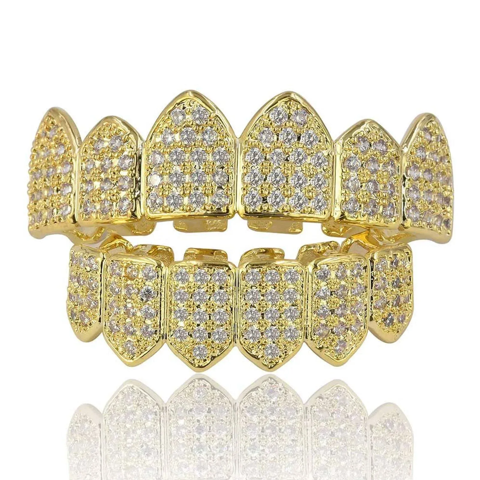 JINAO 18K Gold Plated Top and Bottom Mouth Grill Teeth Macro Pave CZ Iced Out ...