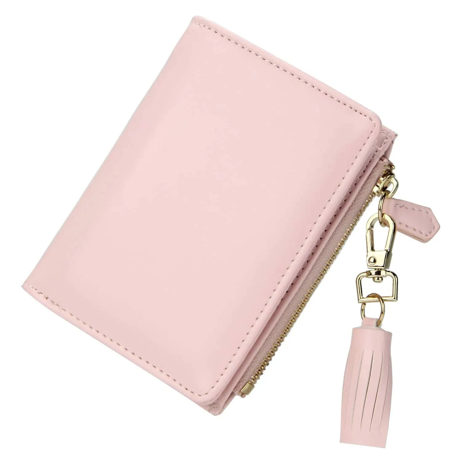 Bifold Slim Coin Purse Zipper ID Card Holder A - Smooth PU Pink