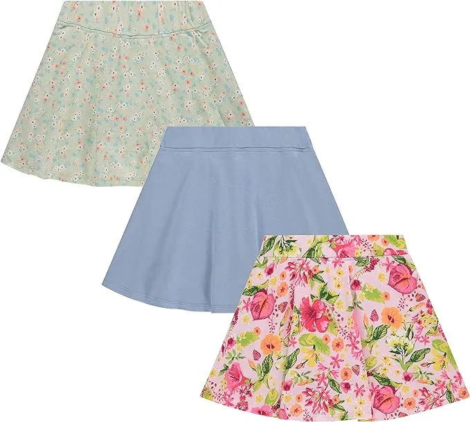 BTween 3 Pack Skorts for Girls - Kids Scooter Skirts - Skirt Layered Shorts with Floral, Solid, Tie Dye or Butterfly Prints