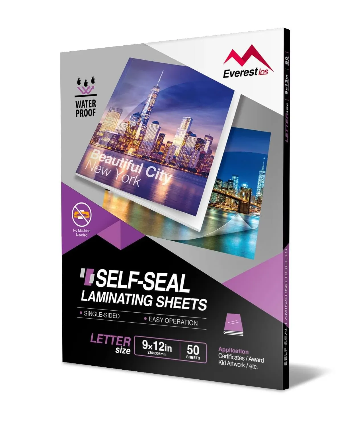 Everest Self Adhesive Laminating Sheets, Single Sided, Waterproof, Non-Toxic Material, PVC Free, 9 x 12 Inches, Letter Size (50)