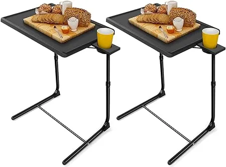 LORYERGO Multifunctional TV Tray Table - [2 Packs] Adjustable TV Dinner Tray Tables with 6 Height & 3 Tilt Angle, Folding TV Trays with Cup Holder for Bed & Sofa, for Eating & Reading