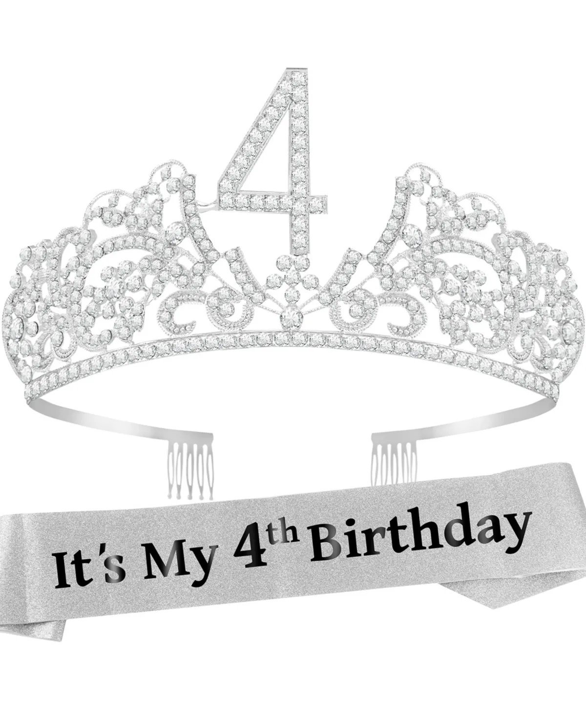 VeryMerryMakering 4th Birthday Sash and Tiara for Girls - Fabulous Glitter Sash + Flowers Rhinestone Premium Metal Tiara for Girls, 4th Birthday Gifts for Princess Party