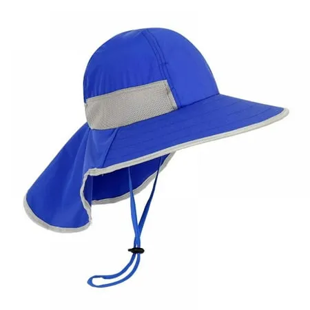 Summer Boy Girl Sun Hat with Neck Flap Sun Protection Kids Sunhats Wide Brim Gardening Safari Caps Royal Blue