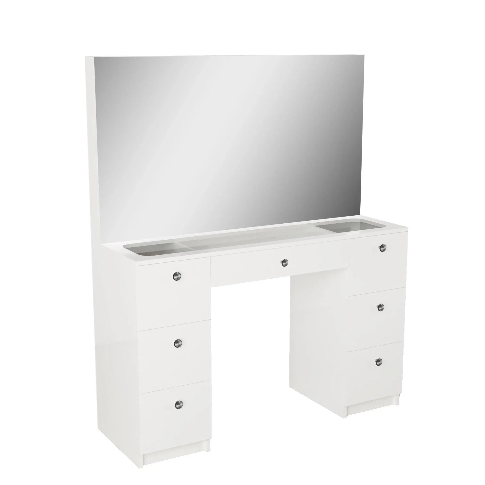 Venus Modern White Vanity with Wide Hollywood Mirror and 7 Drawers, Basic Knobs.