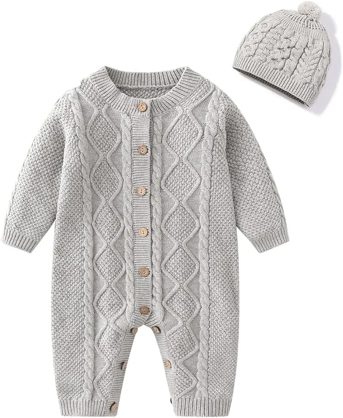 JunNeng Baby Newborn Cotton Knitted Sweater Romper Longsleeve Outfit with Warm Hat Set