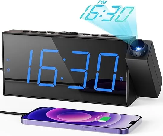 Projection Digital Alarm Clock on Ceiling Wall, LED Alarm Clock for Bedrooms with USB Charger Port, 350° Projector,Dimmer,12/24H & DST,Battery Backup, 7.5’’ Dual Loud Alarm Clock for Heavy Sleeper