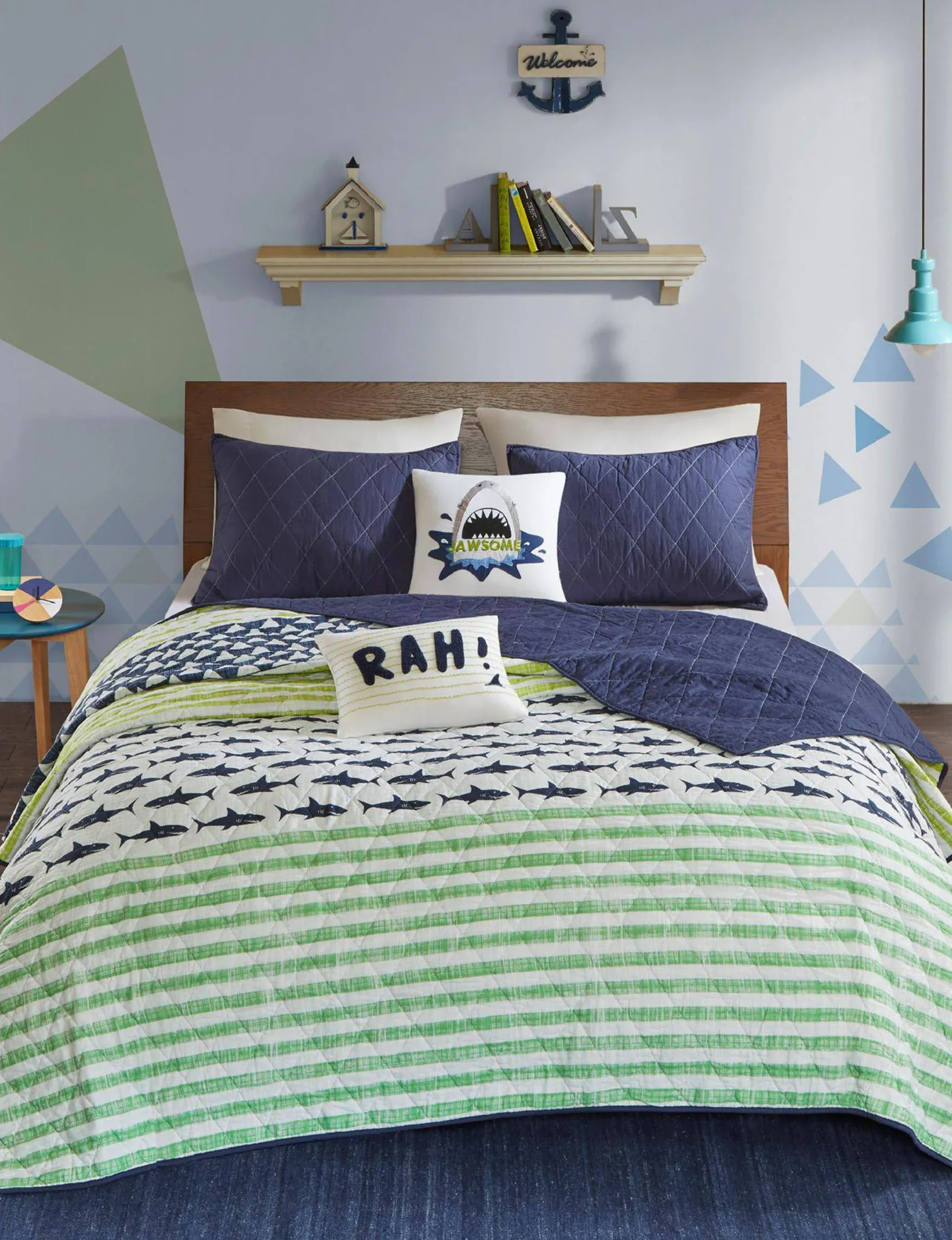 Urban Habitat Kids - Finn Shark Cotton Reversible Coverlet Set - Green / Navy - Twin