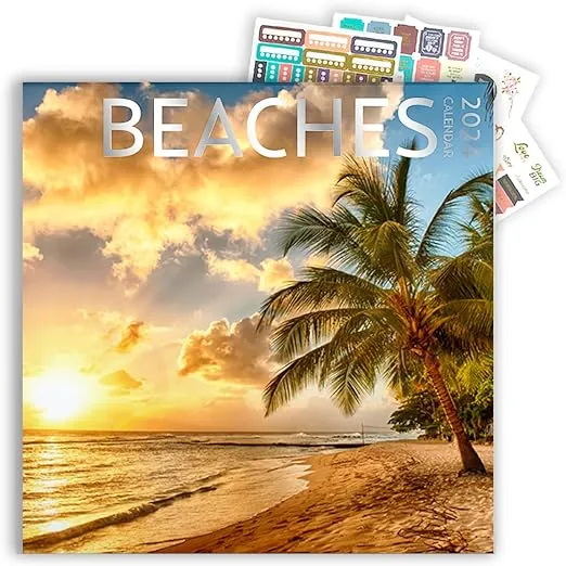 Beaches Calendar 2024 and Sticker Pack, Large 12 X 24 Inch, Beaches Wall Calenda