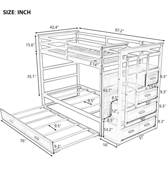 Harper & Bright Designs Bunk Bed with Trundle and Drawers, Twin Over Twin Bunk Bed with Staircase, Wood Bunk Beds Frame with High Length Guardrail for Kids Teens Adults, Espresso