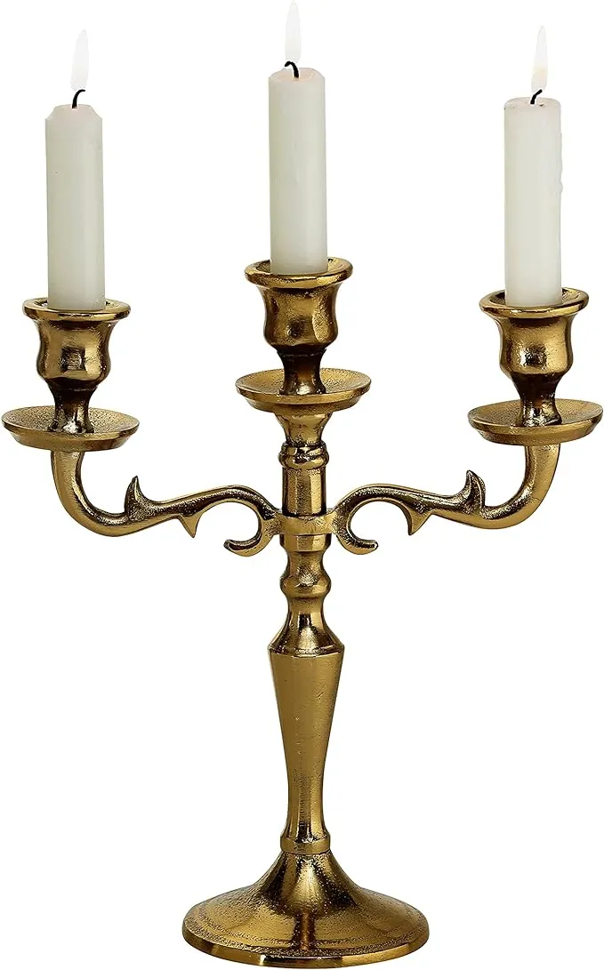 Hamptons Three Arm Gold Candelabra, Hand Crafted of Aluminum, 10.25 Inches High, Weighted Null