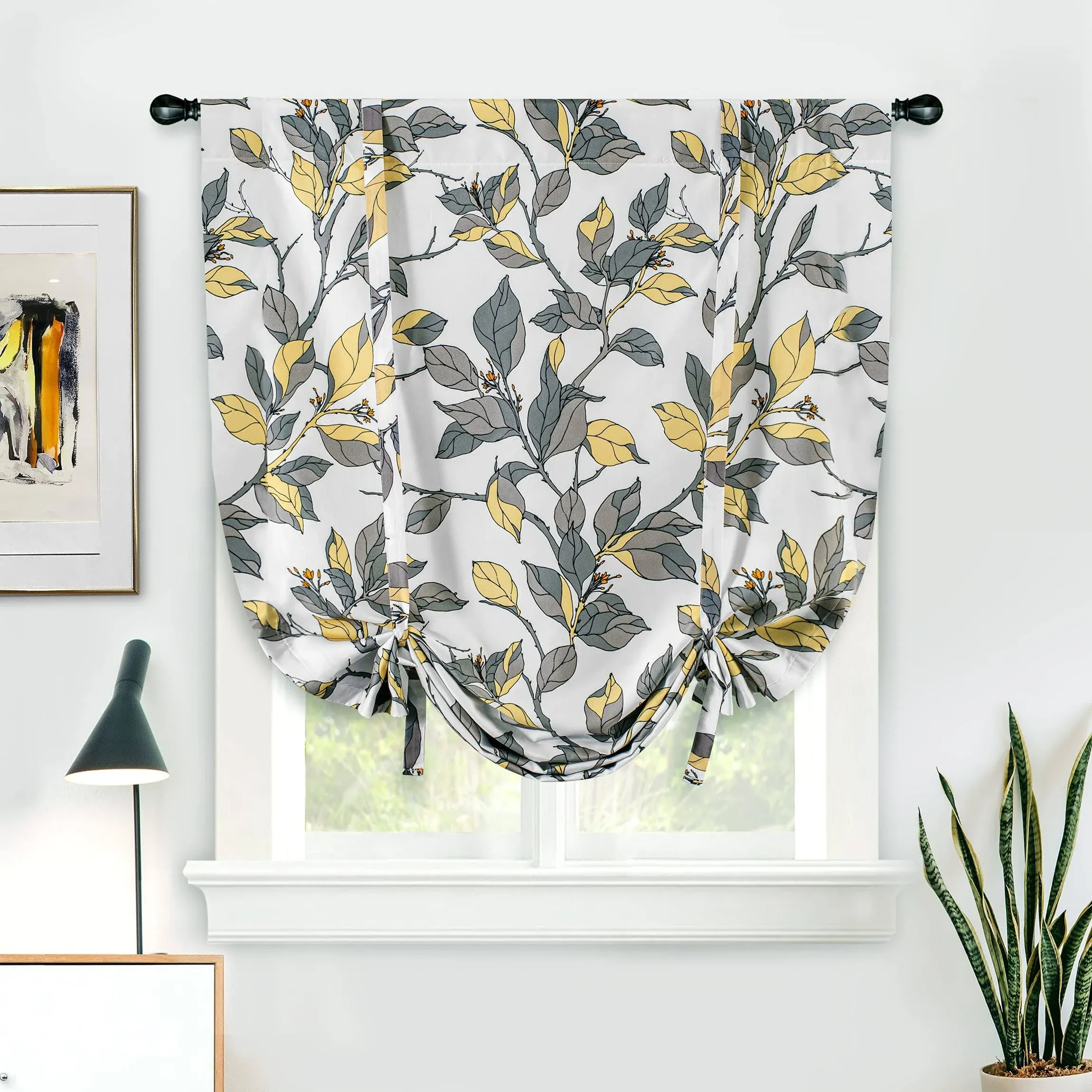 DriftAway Ryan Sketch Floral Branch Leaves Blackout Lined Tie Up Adjustable Balloon Rod Pocket Curtain for Small Window 39 Wx55 L Yellow Gray