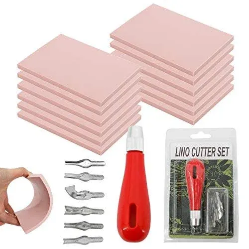 WerkWeit Kit de fabrication de tampons en caoutchouc avec outils de coupe, coupe-linoléum avec 6 types de lames et 12 tampons en caoutchouc, pour la sculpture de timbres et la gravure