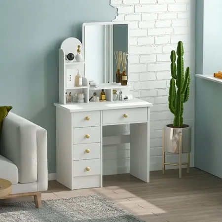 Makeup Vanity Dressing Table with Lighted Mirror and 5 Drawers Shelves Dresser Desk with Cushioned Stool