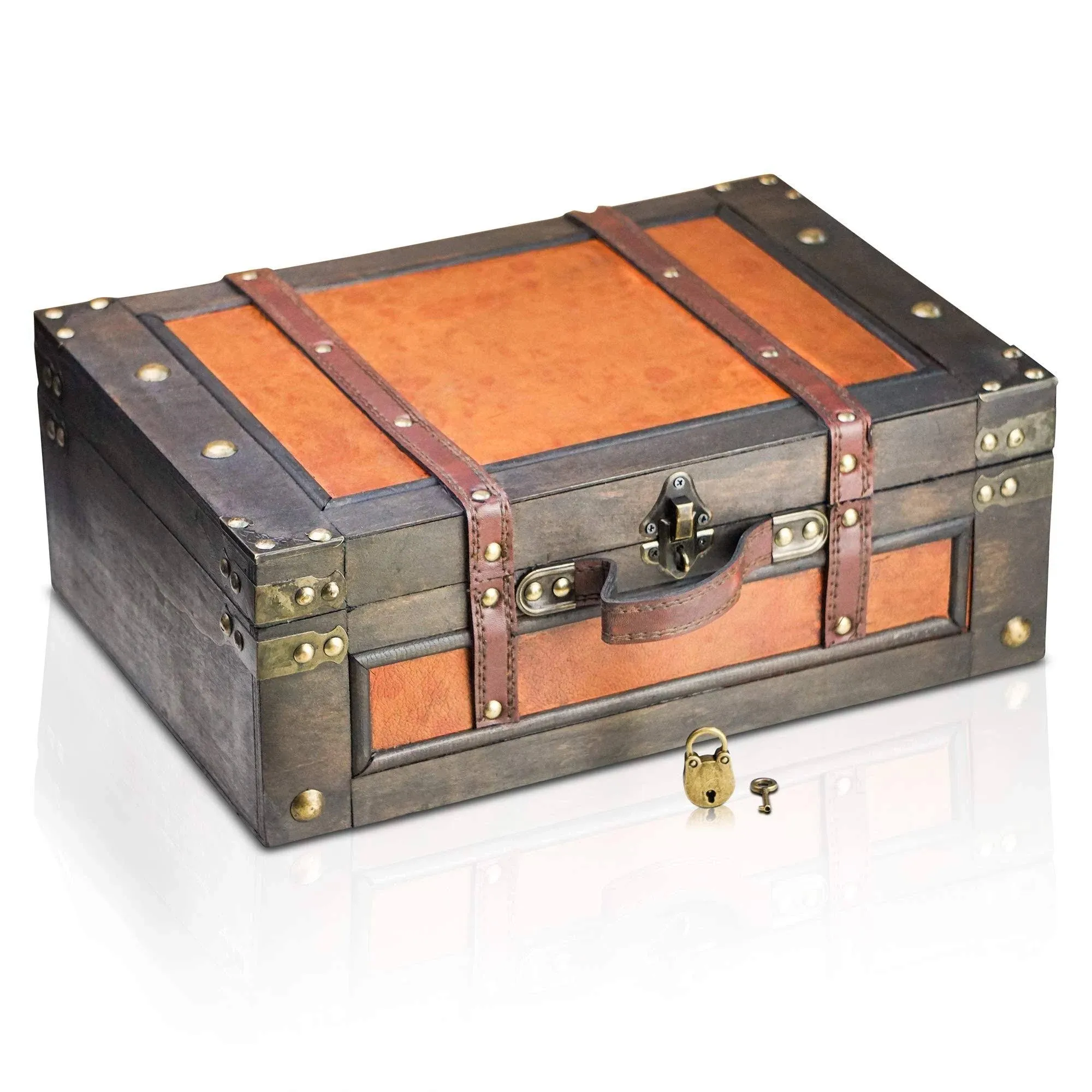 Brynnberg - Pirate Treasure Chest Storage Box - Marco 15x10.6x5,5" - Durable Wooden Treasure Chest with Lock - Unique Handmade Decorative Wood Storage Box - Vintage Wood Chest Box - The Best Gift