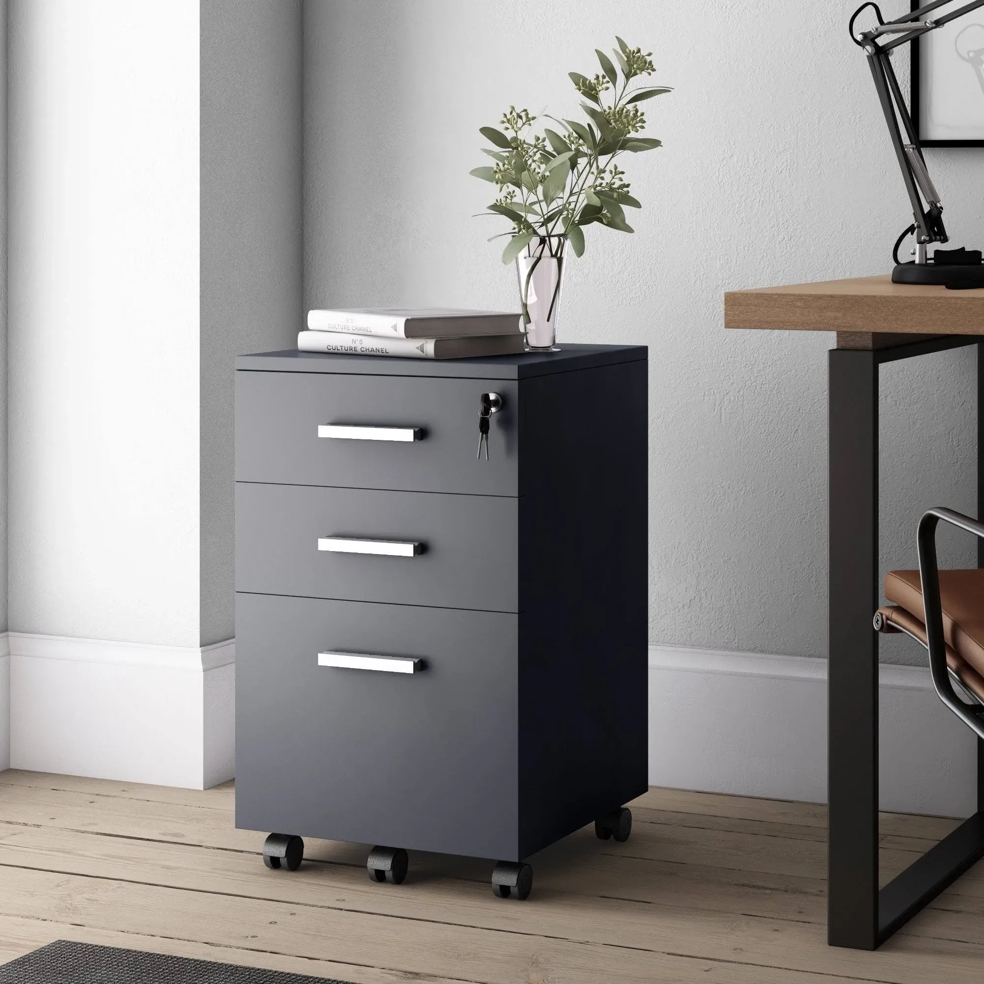 Lazio File Cabinet with Lock - Filing Cabinet for Home and Office - 3 Drawer Small Rolling File Cabinet -Wood Printer Stand with Storage for A4 Size/Legal Documents, File Folders(SLATE GRAY/Black)