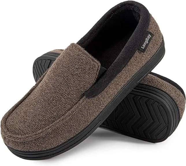 LongBay Men's Cozy Moccasin Slippers Loafer House Shoes with Memory Foam and Rubber Sole for Indoor Outdoor